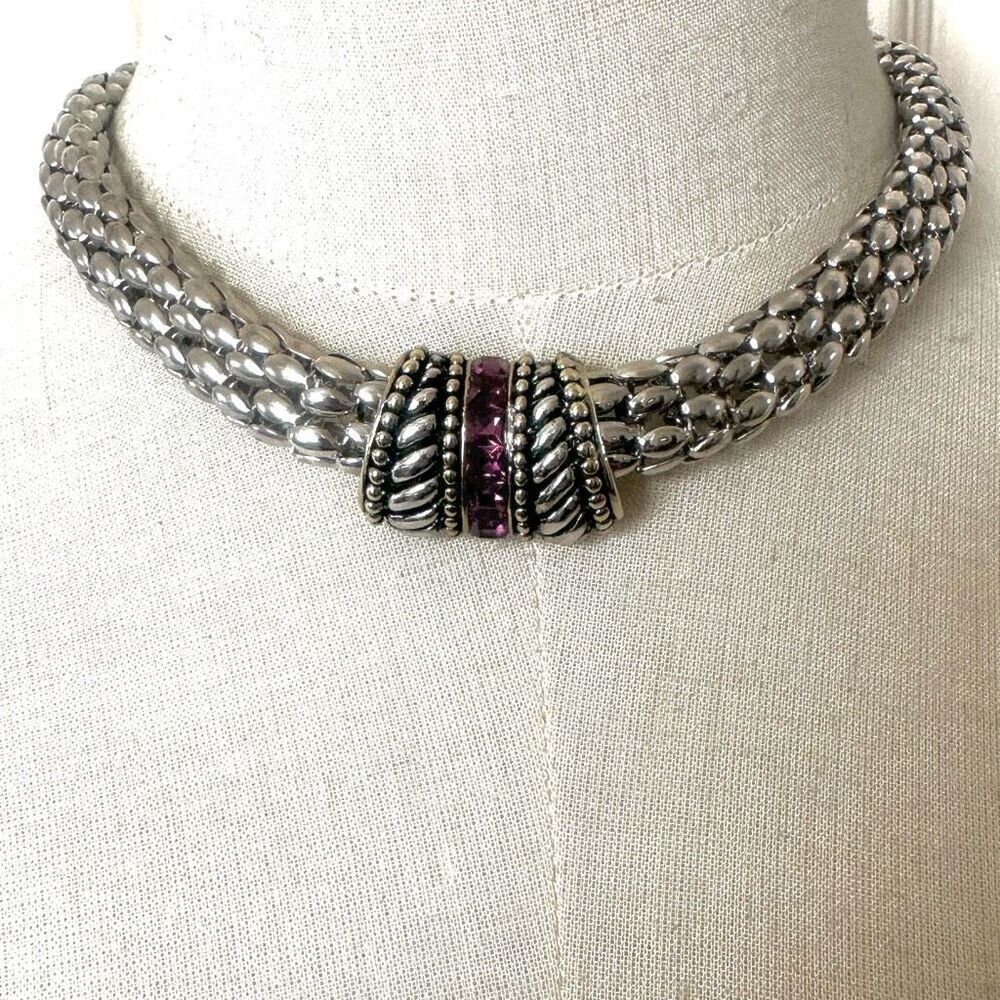 silver and gold tone purple brutalist reversible choker necklace